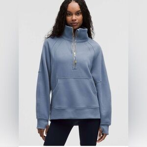 Lululemon Oversized Scuba Wash Denim Blue Funnel-Neck Half Zip w/ Gold Hardware